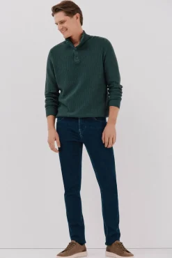 Cortefiel Jersey algodón estructura cuello alto con botones Verde oscuro New