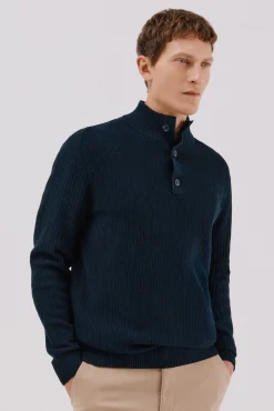 Cortefiel Jersey algodón estructura cuello alto con botones Azul marino Clearance