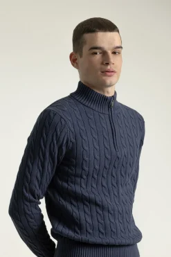 PuroEGO Jersey cable knit cuello mock Azul marino Online