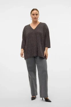 Vero Moda Curve Jersey cuello pico lúrex talla grande Marr&oacute;n oscuro Sale