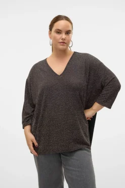 Vero Moda Curve Jersey cuello pico lúrex talla grande Marr&oacute;n oscuro Sale