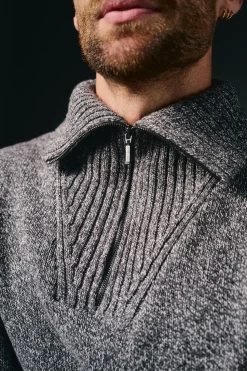 OOTO Jersey cuello polo cremallera algodón Gris oscuro Sale