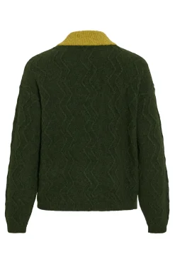 Vila Jersey de lana con botones en el cuello Verde oscuro Sale