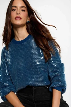 Morgan Jersey de lentejuelas cuello redondo Azul Online