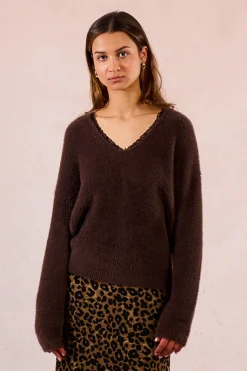 Molly Bracken Jersey de manga larga con encaje en el escote Marr&oacute;n oscuro