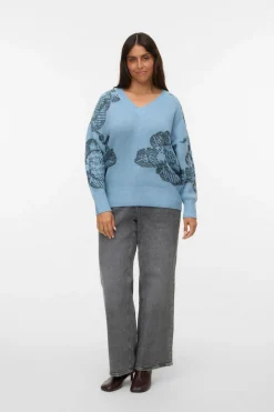 Vero Moda Curve Jersey de manga larga cuello pico Curve Turquesa Clearance