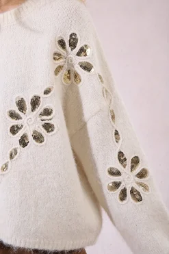 Molly Bracken Jersey de manga larga detalle flores Marfil Sale