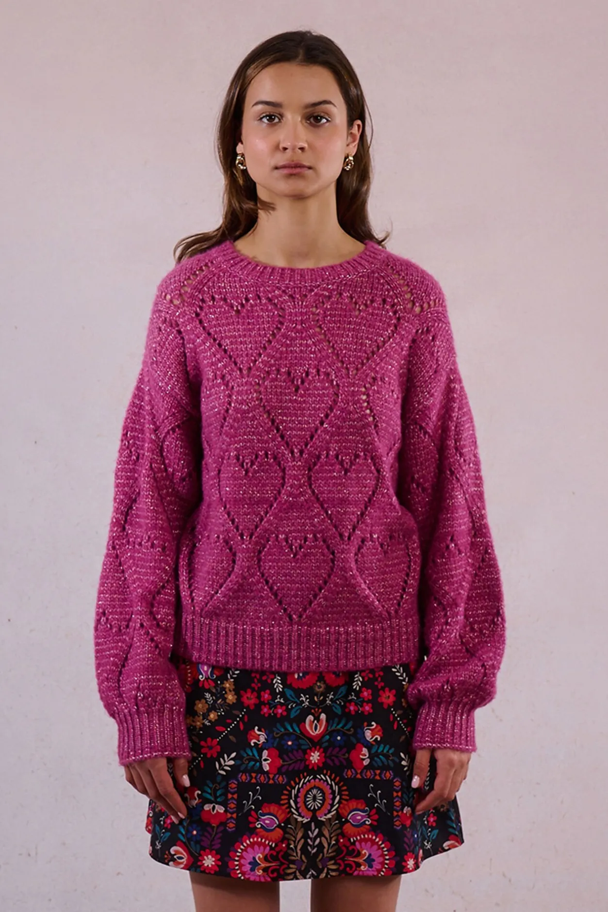 Molly Bracken Jersey de manga larga en punto calado con corazones Lila New