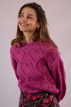Molly Bracken Jersey de manga larga en punto calado con corazones Lila New