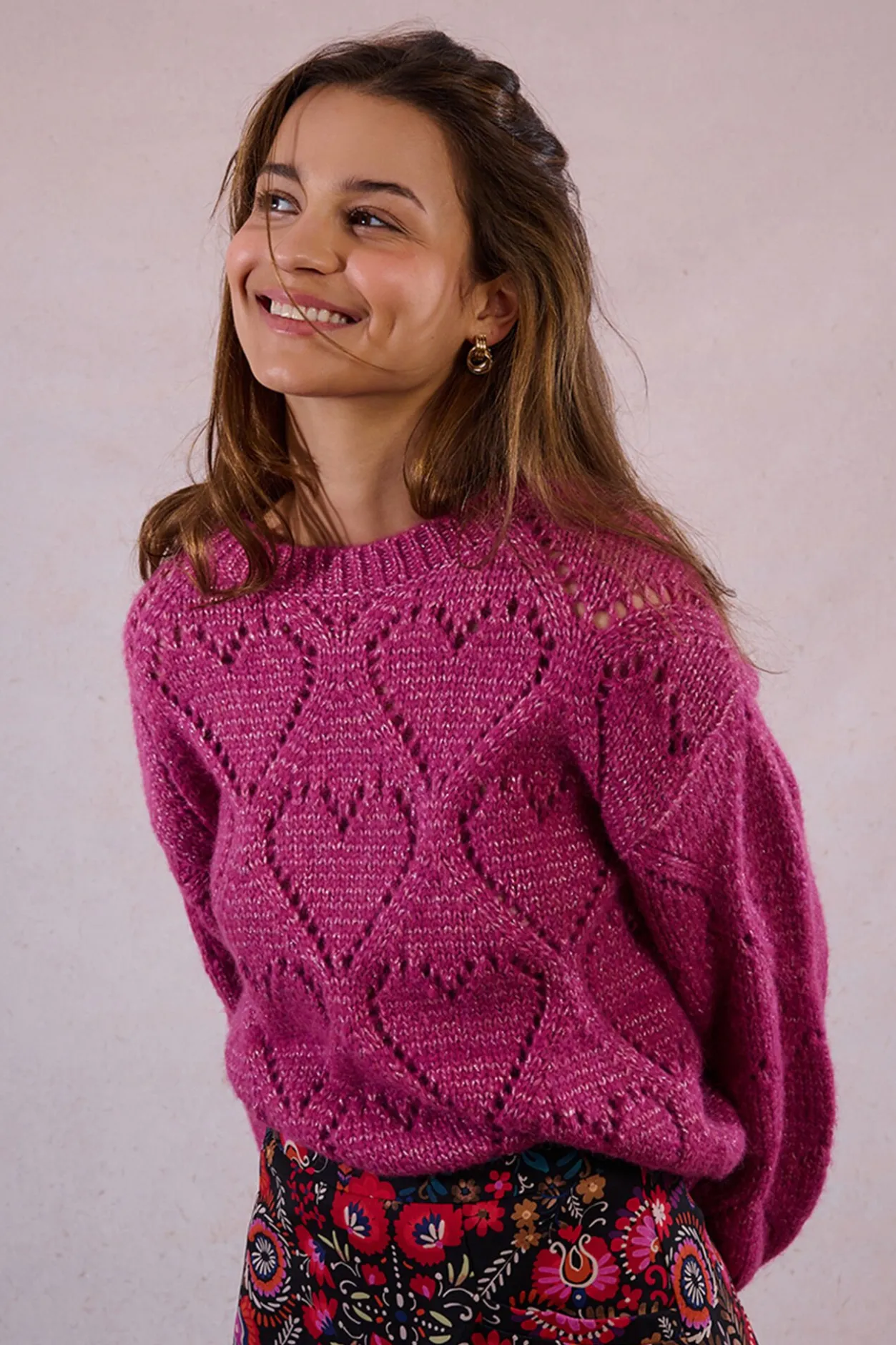 Molly Bracken Jersey de manga larga en punto calado con corazones Lila New