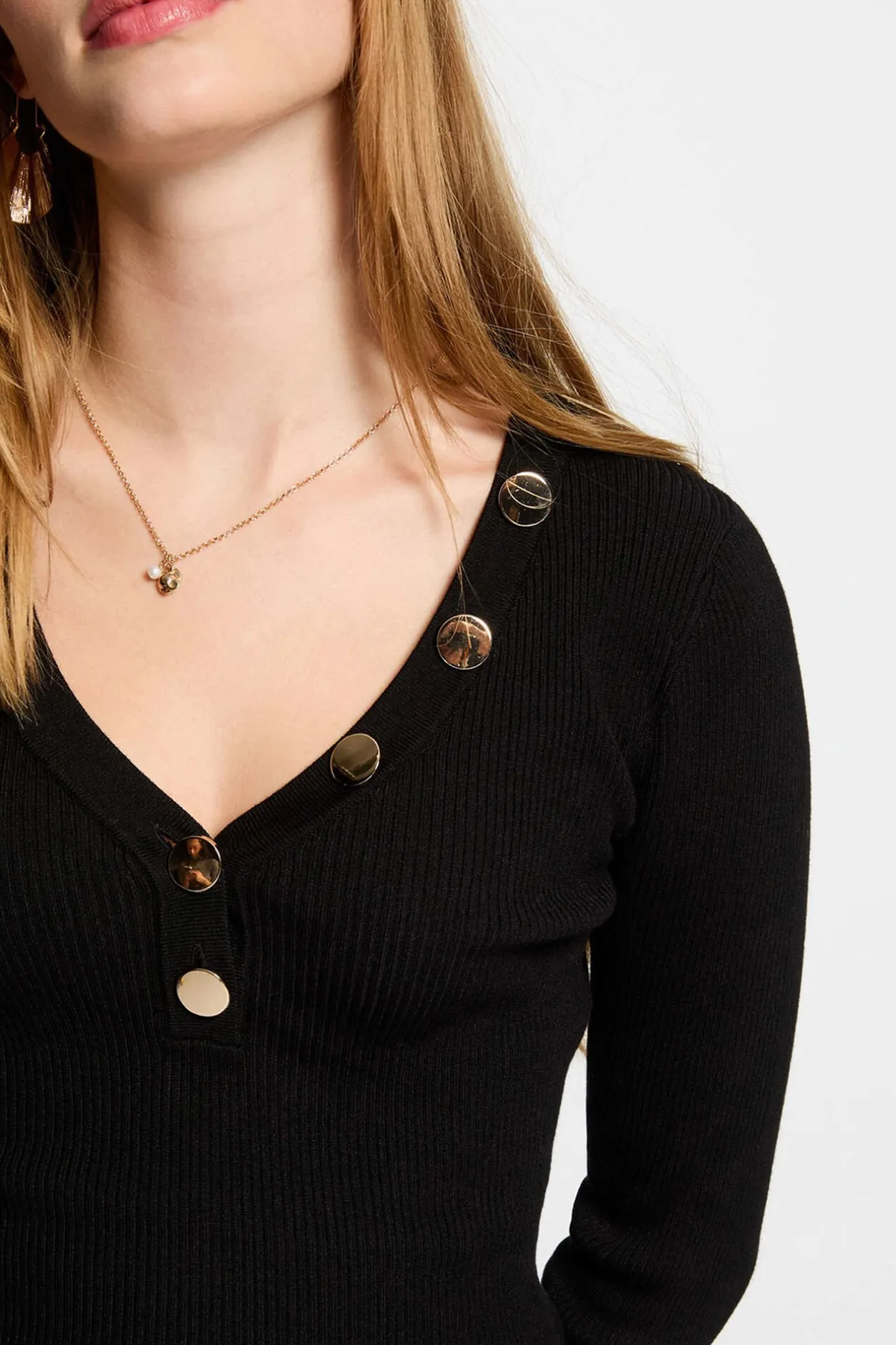 Morgan Jersey de manga larga punto fino botones Negro New