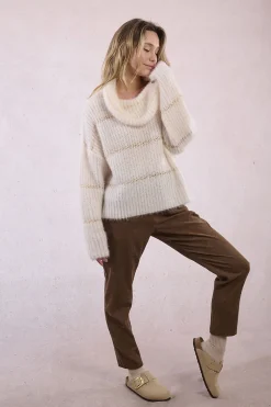 Molly Bracken Jersey de mujer de manga larga estampado rayas Marfil Hot