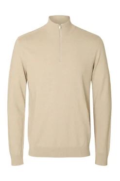 Selected Jersey de punto con media cremallera 100% algodón Beige New