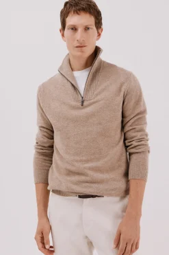 Cortefiel Jersey lana lambswool cuello abierto cremallera Camel Clearance