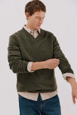 Cortefiel Jersey lana lambswool pico redondo Verde Discount