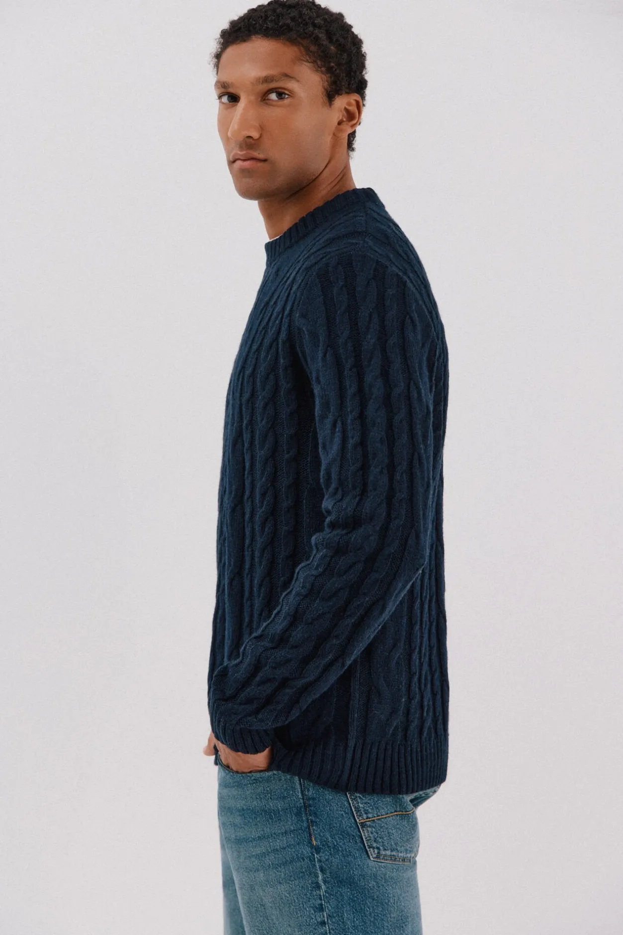 Cortefiel Jersey lana trenzado cuello caja Azul marino Clearance