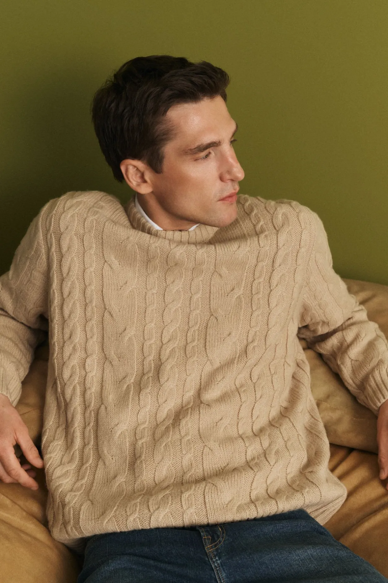 Cortefiel Jersey lana trenzado cuello caja Beige