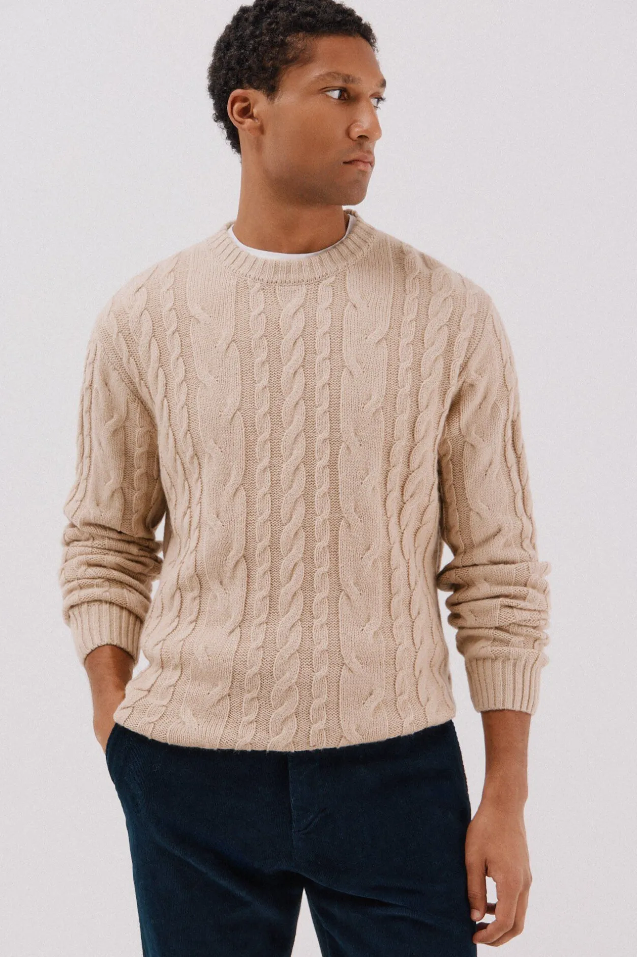 Cortefiel Jersey lana trenzado cuello caja Beige