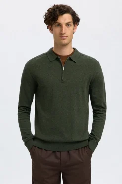 Selected Jersey polo media cremallera 100% algodón. Verde oscuro Best