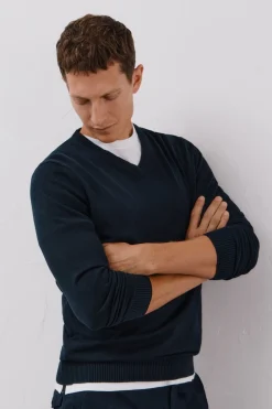 Cortefiel Jersey punto fino algodón cuello pico Azul marino Outlet