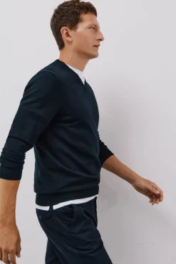 Cortefiel Jersey punto fino algodón cuello pico Azul marino Outlet