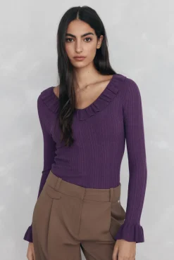 Pedro del Hierro Jersey punto fino canalé volante Morado New