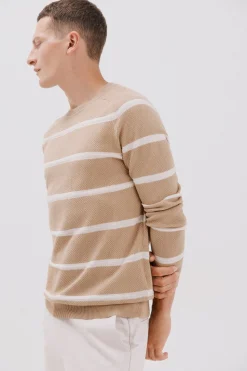 Cortefiel Jersey punto fino rayas cuello redondo Beige Online
