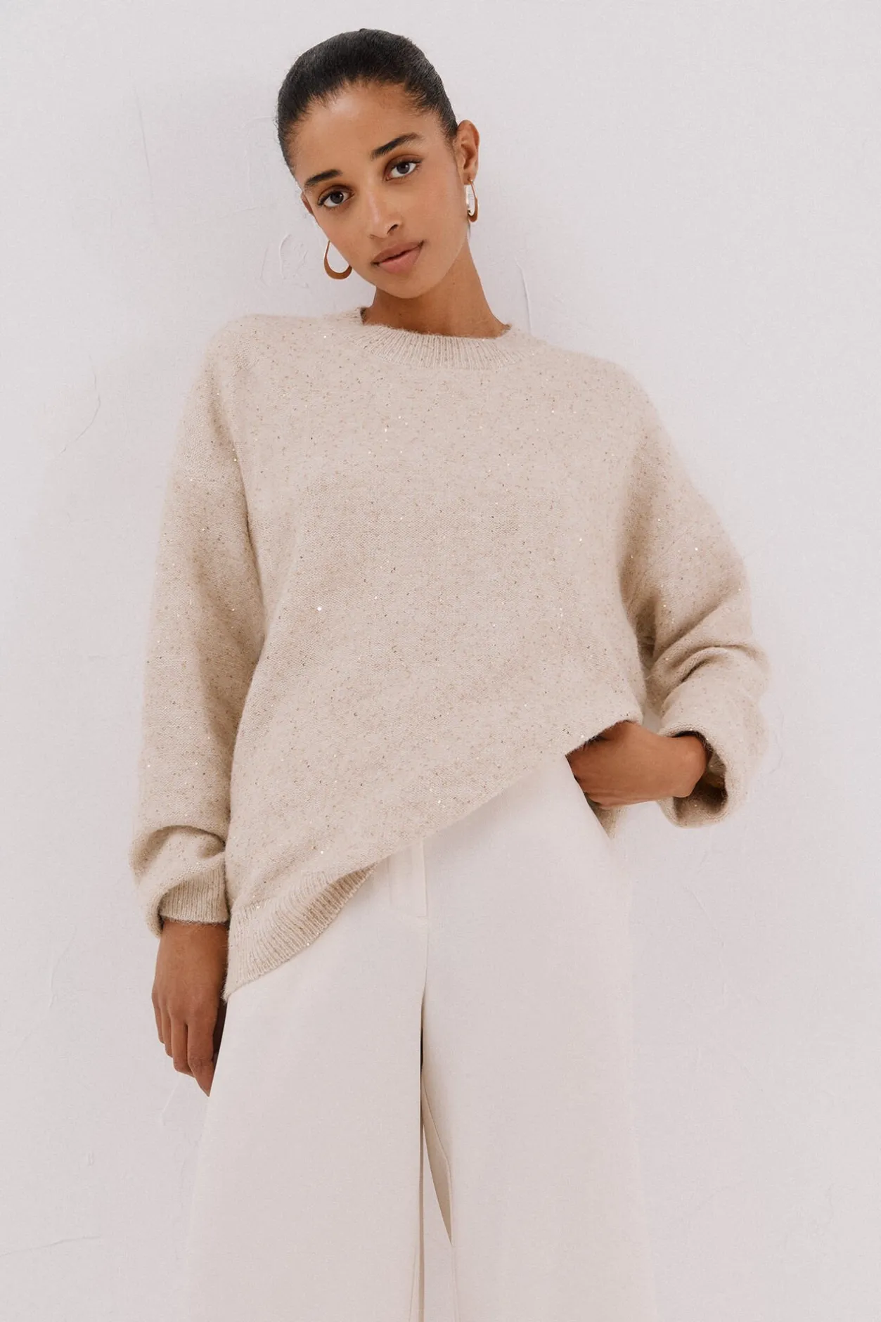 Cortefiel Jersey punto lentejuelas Beige New