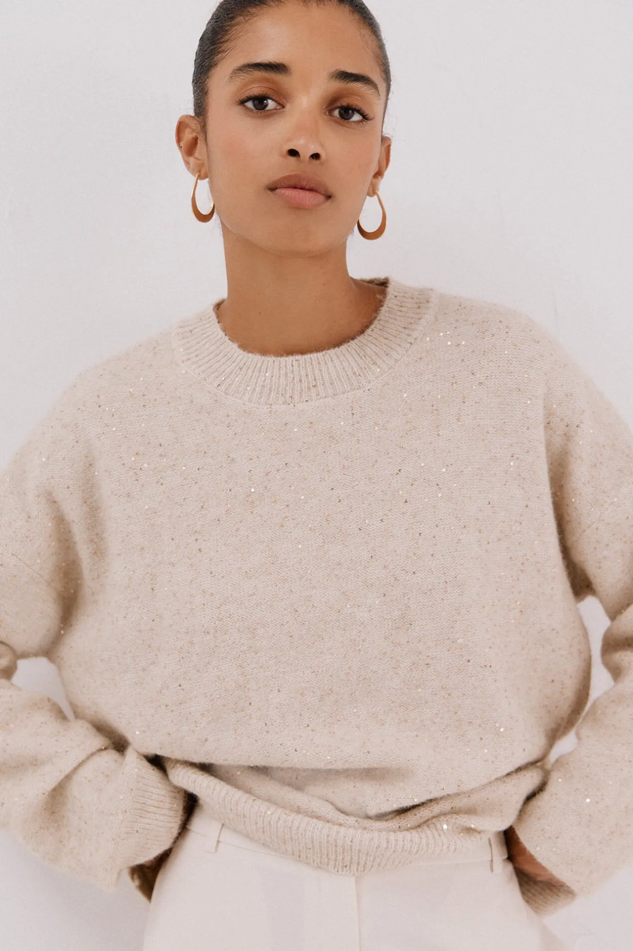 Cortefiel Jersey punto lentejuelas Beige New