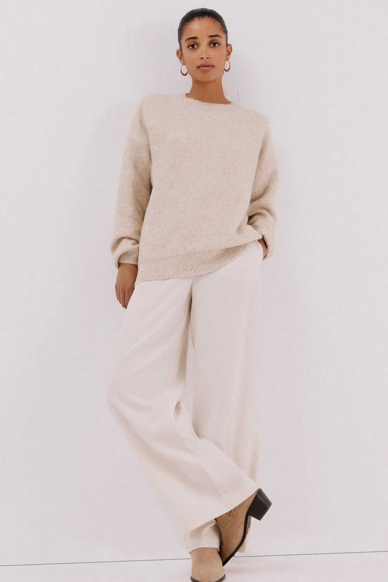 Cortefiel Jersey punto lentejuelas Beige New