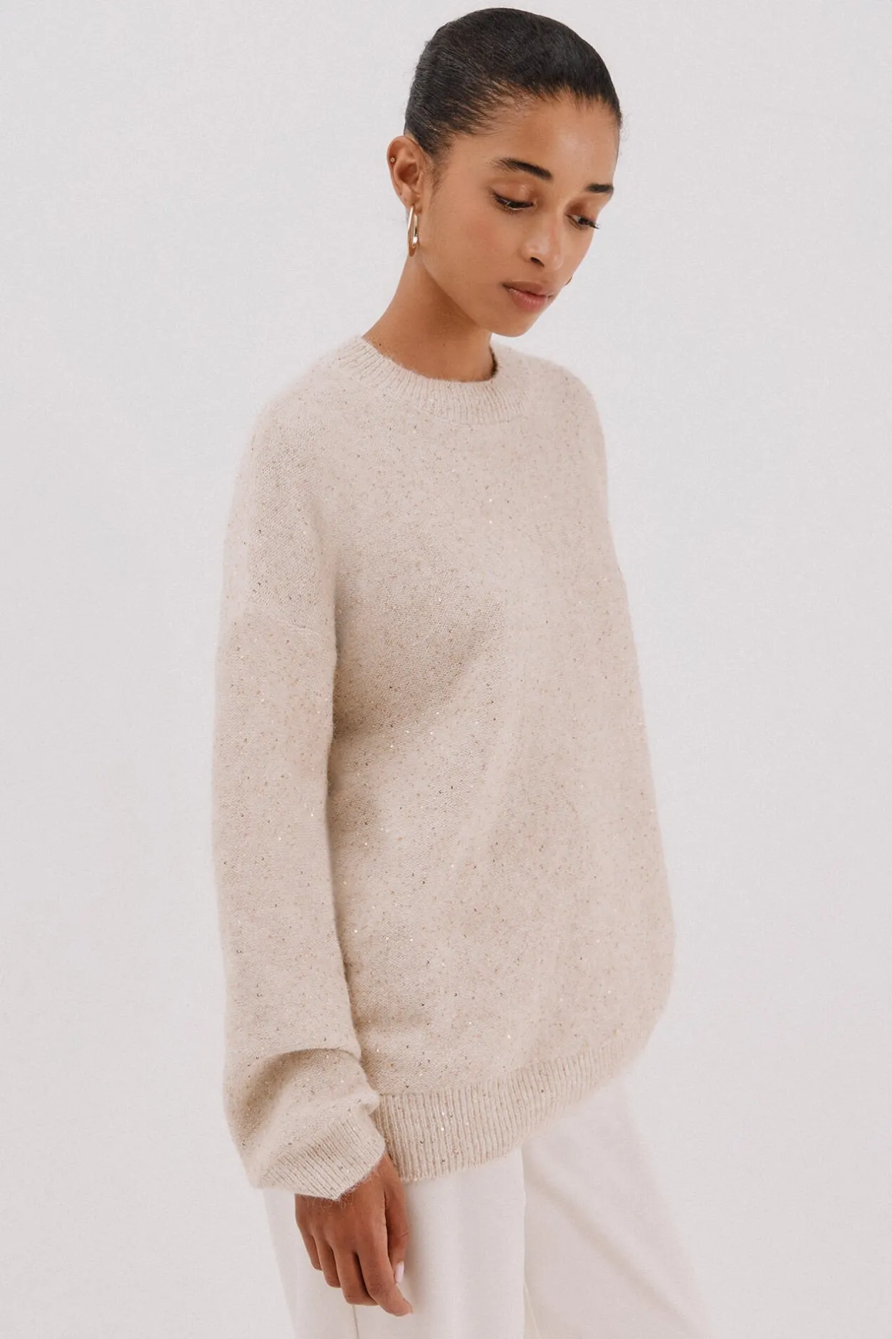 Cortefiel Jersey punto lentejuelas Beige New