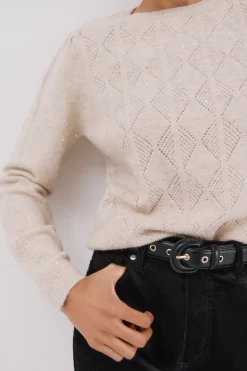 Cortefiel Jersey punto lentejuelas Beige Sale