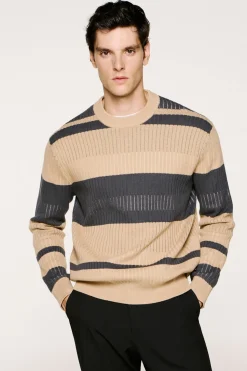 Selected Jersey rib rayas 100% algodón orgánico. Beige Sale