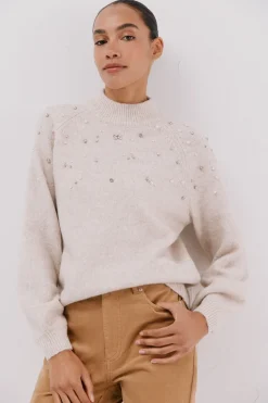 Cortefiel Jersey strass y perlas Marfil Clearance