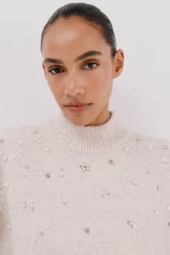Cortefiel Jersey strass y perlas Marfil Clearance