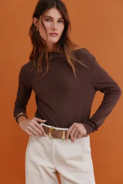 Hoss Intropia Mirta. Camiseta con escote drapeado Marron oscuro Outlet