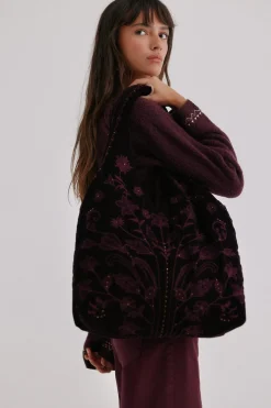 Hoss Intropia Nuria. Bolso hobo terciopelo bordado Granate Sale