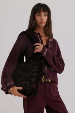 Hoss Intropia Nuria. Bolso hobo terciopelo bordado Granate Sale