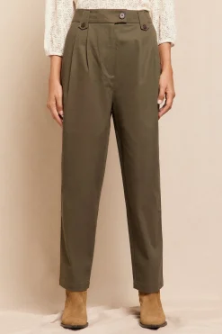 Slowlove Pantalón de sarga con pinzas trabillas para el cinturón bolsillos funcionales laterales pernera ancha cierre mediante cremallera oculta y botón Verde oscuro New