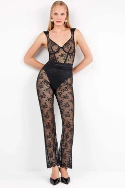 Gisela Pantalón largo elástico de encaje floral transparente y delicado negro Outlet