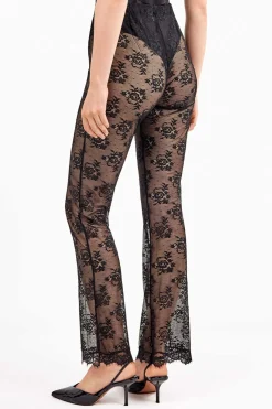 Gisela Pantalón largo elástico de encaje floral transparente y delicado negro Outlet