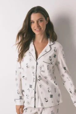 Women'secret Pijama camisero 100% algodón Snoopy blanco Clearance