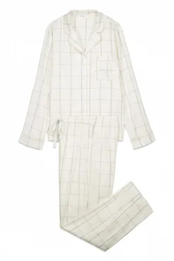 Women'secret Pijama camisero franela algodón blanco print cuadros marfil Best