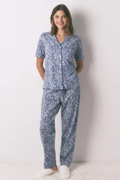 Women'secret Pijama camisero largo 100% algodón print flores azul Sale