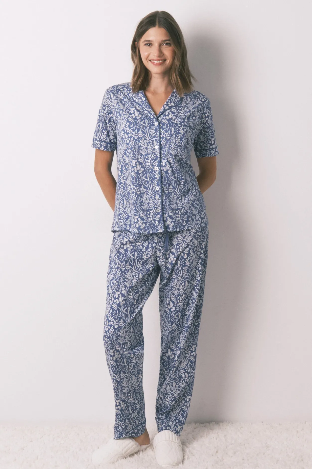 Women'secret Pijama camisero largo 100% algodón print flores azul Sale