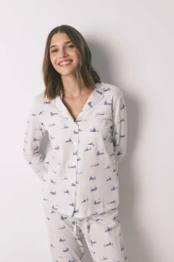 Women'secret Pijama camisero largo 100% algodón print casitas gris Best