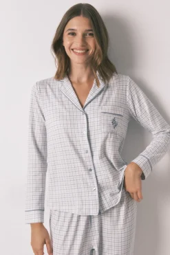 Women'secret Pijama camisero largo cuadros efecto brillo azul Hot