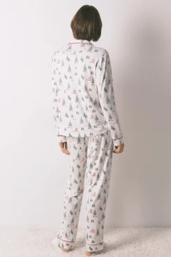 Women'secret Pijama camisero largo estampado navidad blanco marfil Discount