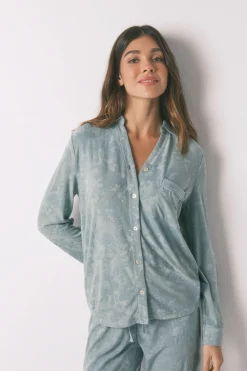 Women'secret Pijama camisero largo jacquard floral verde Hot