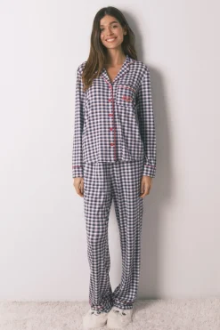 Women'secret Pijama camisero largo punto suave cuadros azul Clearance